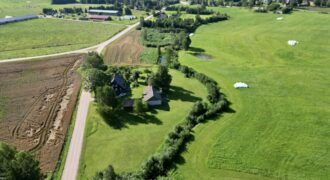 Iekopta lauku viensēta ar dīķi un bērzu birzi